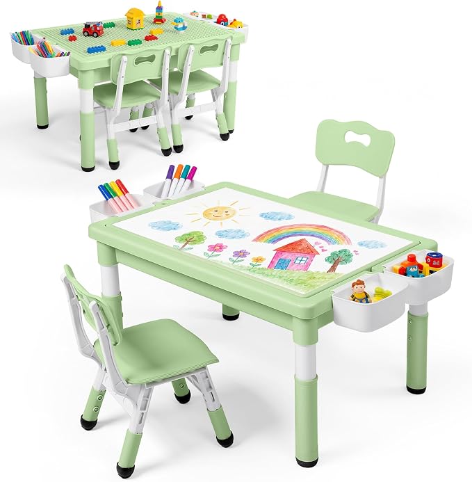 Kinder King Kids Table & 2 Chairs Set, Adjustable Heights, Storage, Green