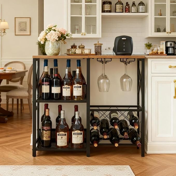 MNEETRUNG Wine Bar Cart, Rustic Freestanding Wine Rack with Glass Holder and Fence, Bar Cabinet with 2 Tier Storage, Liquor Shelf for Home Bar, Rustic Brown