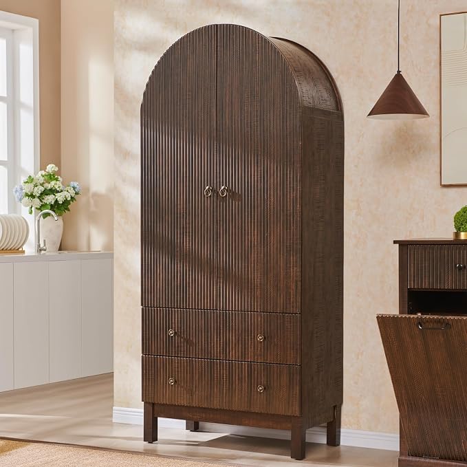 IFGET 71" Tall Arched Pantry Cabinet, Fluted Kitchen Storage Cabinet with Adjustable Shelves and 2 Large Drawers, Freestanding Morden Versatile Cupboard for Living Room, Bathroom, Brown