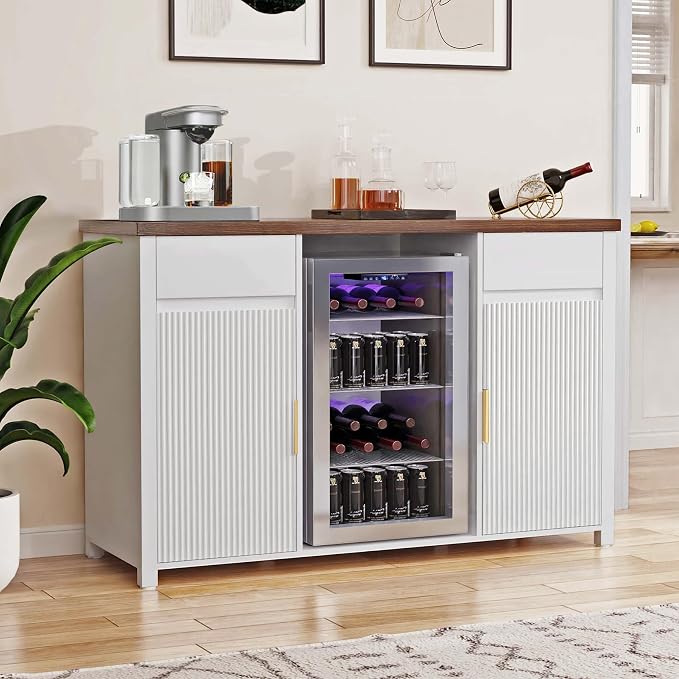 GDLF 53.2" Coffee Bar Cabinet with Fridge Space,Fluted Sideboard,White