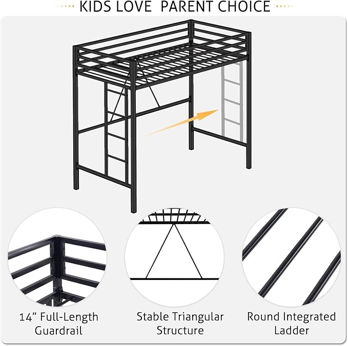 SHA CERLIN Loft Bed Twin Size with Ladder and Guardrail,Black