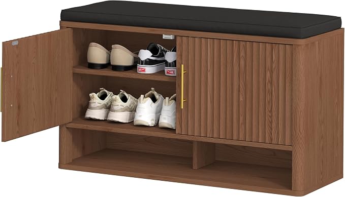 Fluted Shoe Storage Bench, Entryway Bench with Adjustable Shelves