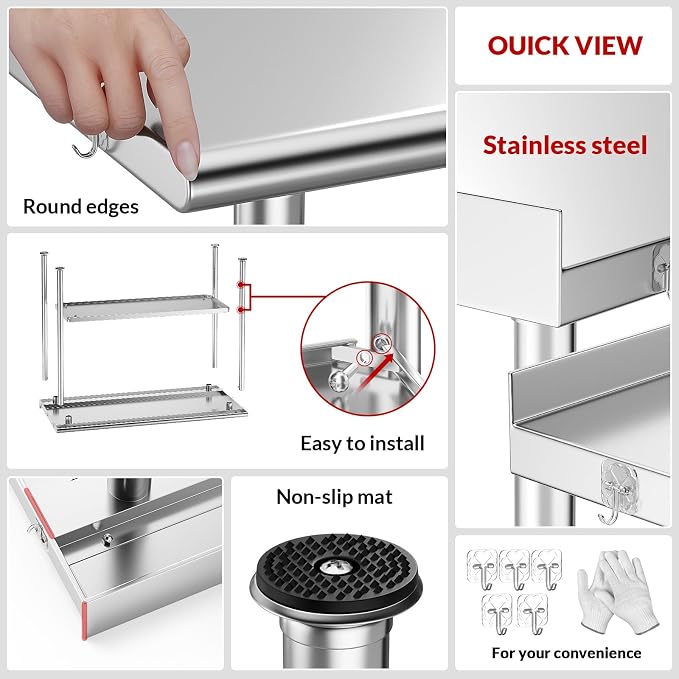 Atelicf NSF Stainless Steel Prep Table 30X48 inch, Rounded Flat Top