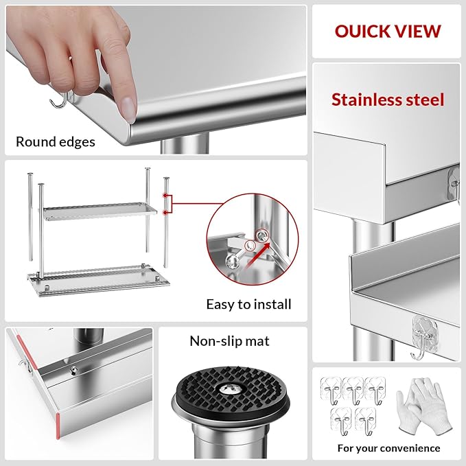 Atelicf NSF Stainless Steel Prep Table 24X36 inch, Rounded Flat Top