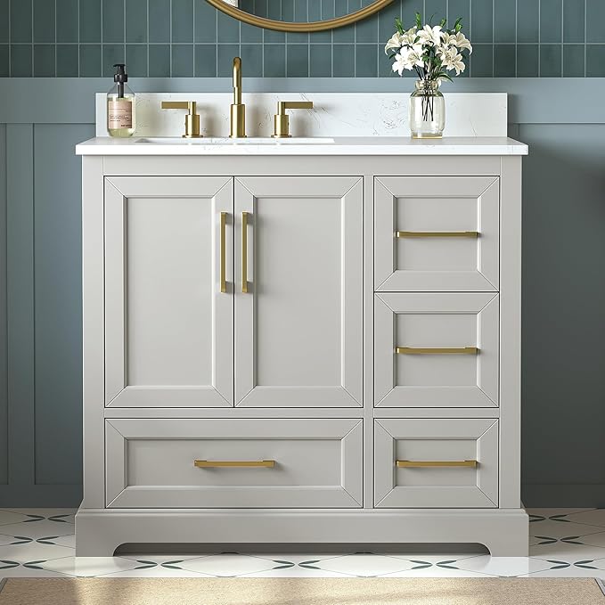 36 Inch Bathroom Vanity with Sink Combo, Greige | Solid Wood Frame with Marble Top & Backsplash & Ceramic Sink, Fully-Assembled with Soft-Closing Doors & 4 Dovetail Drawers