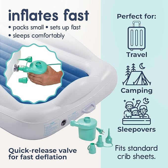 Hiccapop Inflatable Toddler Bed with Safety Bumpers, Kids Travel Bed, Navy