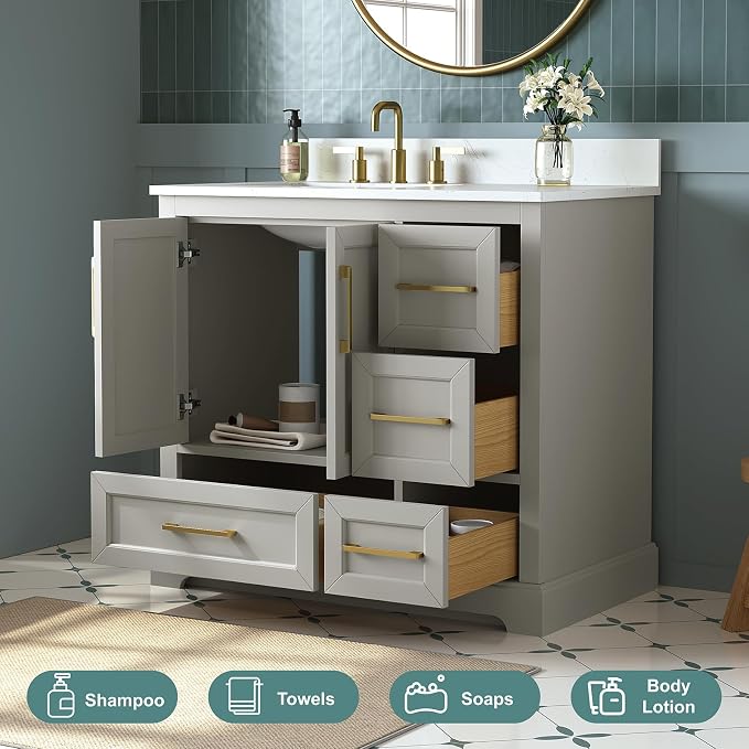 36 Inch Bathroom Vanity with Sink Combo, Greige | Solid Wood Frame with Marble Top & Backsplash & Ceramic Sink, Fully-Assembled with Soft-Closing Doors & 4 Dovetail Drawers