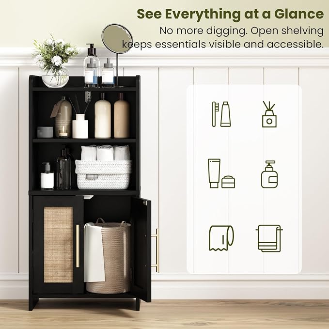 Small Bathroom Storage Cabinet with 2 Doors & Shelf,Rattan Black | Narrow Storage Organizer, Toilet Paper Floor Cabinets Freestanding, for Small Spaces, Laundry Room, 7.8" D x 14.6" W x 31" H