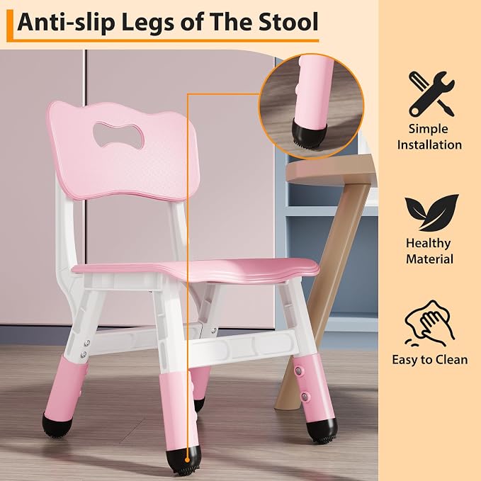 2-Pack Adjustable Kids Chairs, 3-Level Height Plastic Toddler Chair with Non-Slip Base & Stackable Design, for Home School Classroom Daycare Indoor Outdoor Use, Ages 2-8,Pink