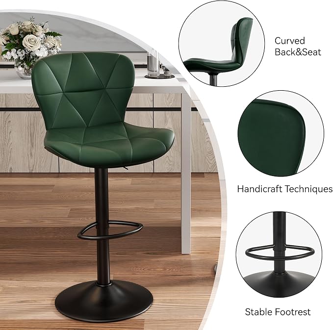 Nalupatio Modern Bar Stools Set of 3, Adjustable Faux Leather Upholstered Swivel Bar Stools, Counter Height Bar Chairs with Back for Kitchen Island, Green