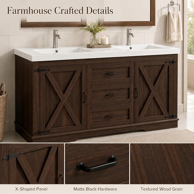 Cushore Double Sink Bathroom Vanity, 60 Inch Bathroom Vanity Double Sink with 2 Farmhouse Barn Doors & 3 Drawers, Dual Rounded Basins, Bathroom Vanity Sink Cabinet, Rustic Brown