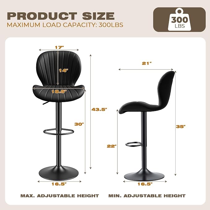 GRUSIGN Bar Stools Set of 4, Modern Swivel Adjustable Bar Chairs, Faux Leather Upholstered Counter Height Bar Stools with Backrest, Comfort Barstools for Kitchen Island, Home Bar, Black