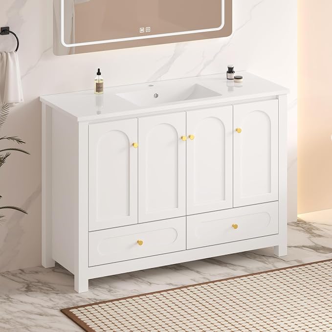 LUMISOL 48 Inch Bathroom Vanity with Sink, Freestanding Bathroom Vanity Cabinet with 4 Soft-Close Doors & 2 Drawers, Modern Painted Vanity with Single Resin Sink, White