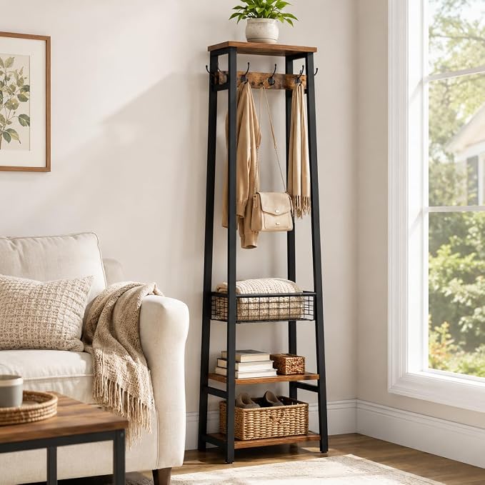 Coat Rack with Metal Basket and Storage Shelves