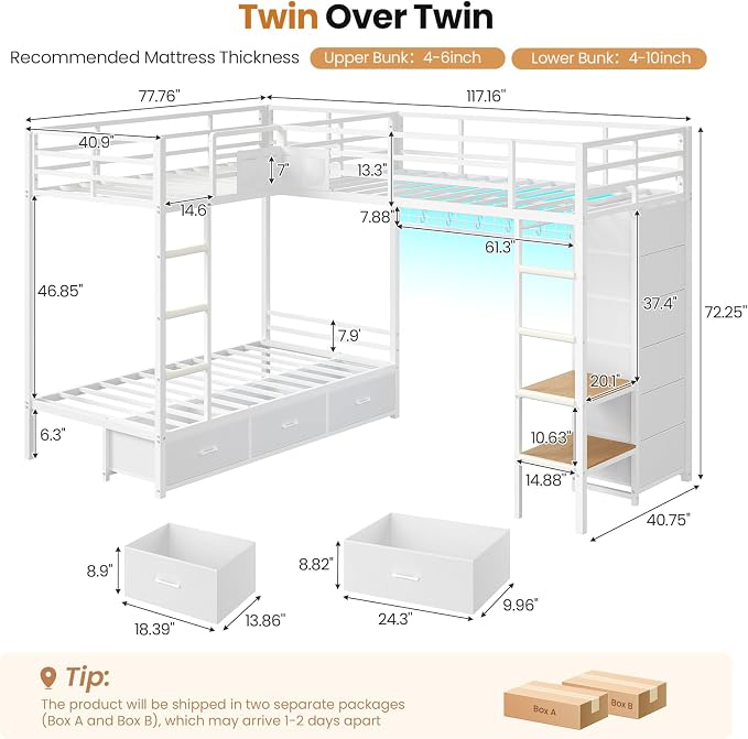 Triple Bunk Bed Twin Over Twin with 9 Storage Drawers and LED Lights, White