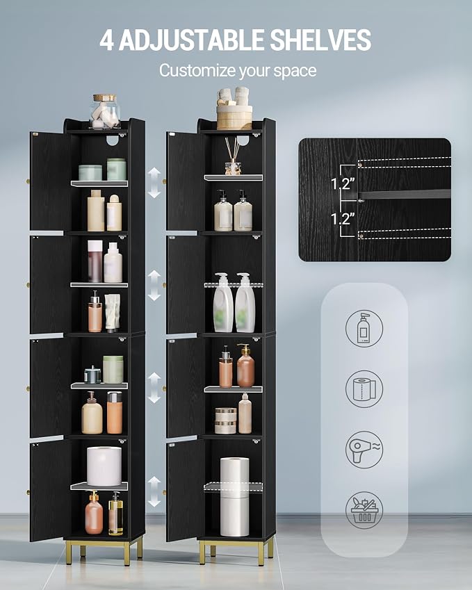 Hzuaneri 4-Tier Narrow Tall Storage Cabinet | Slim Bathroom Storage Cabinet with 4 Adjustable Feet and Shelves,for Living Room,Laundry Room,Rattan Black,11"Dx11"Wx70.9"H