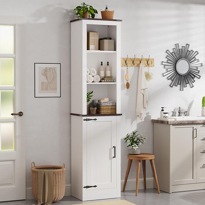 MHOM 71" Tall Bathroom Storage Cabinet, Farmhouse Storage Cabinet with Adjustable Shelves, Narrow Linen Tower Cabinet for Bathroom, Laundry, and, Living Room, White