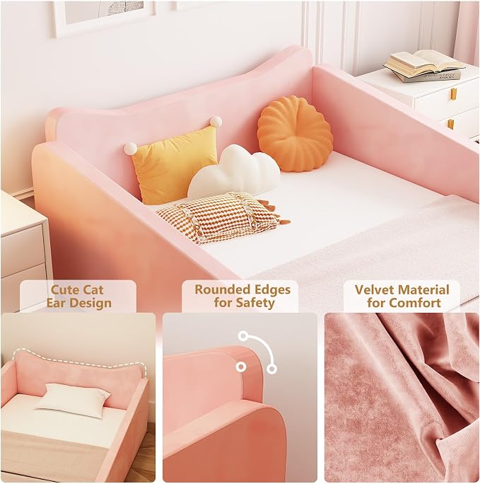 JOYMOR Toddler Bed, Floor Bed with Safety Guadrail, Montessori Toddler Bed with Animal Ear Shapes, Soft Velvet Wood Bed for Infant, Kids, Mattress not Included (Pink)