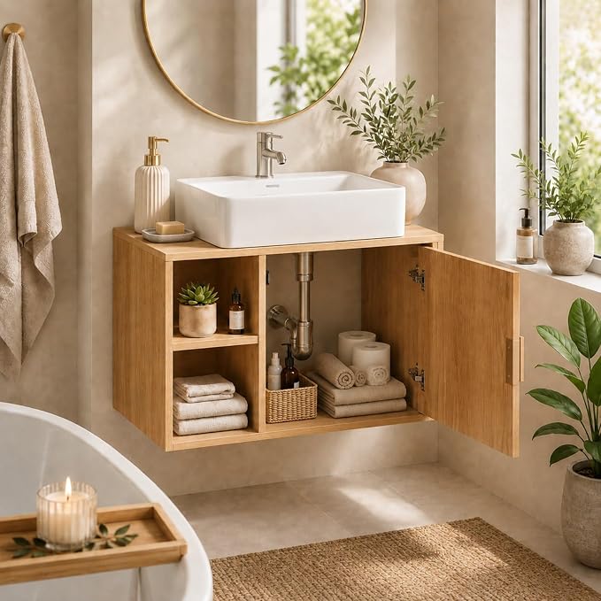 VINGLI 24 Inch Floating Bathroom Vanity with Vessel Sink, Wall-Mounted Natural Oak Cabinet with Adjustable Open Shelf, Fluted Soft-Close Door and Plumbing Cutout