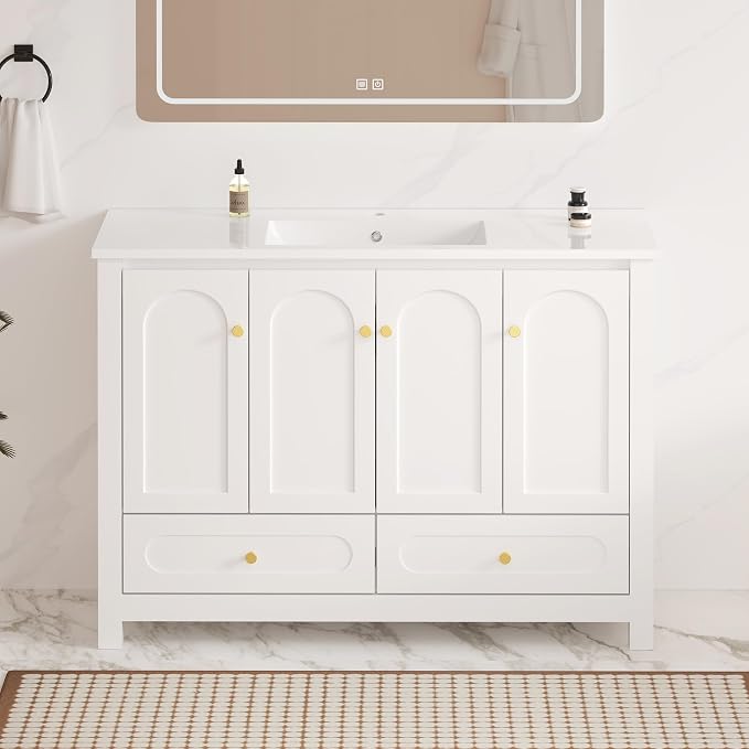 LUMISOL 48 Inch Bathroom Vanity with Sink, Freestanding Bathroom Vanity Cabinet with 4 Soft-Close Doors & 2 Drawers, Modern Painted Vanity with Single Resin Sink, White