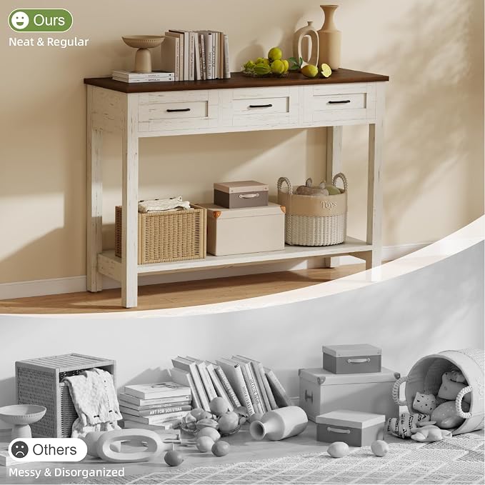 YOSHOOT 45" Farmhouse Entryway Console Table, Desk Behind the Couch with 3 Drawers and 2-Tier Shelves, Narrow Sofa Table for Hallway, Bedroom, Living Room, White Brown
