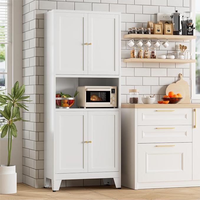 Bevivog 69" Tall Pantry Cabinet, Metal Kitchen Storage Cabinet with 4 Doors and 5 Shelves, Freestanding Metal Pantries Cupboard with Microwave Shelf for Kitchen,Dining Room,Bathroom,Laundry