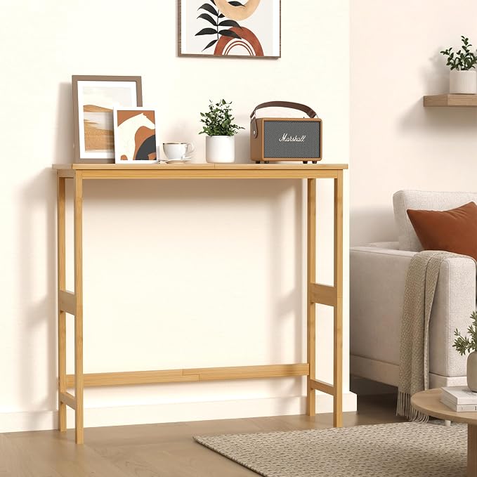 VASMIA Console Table, Small Entryway Table, Narrow Bamboo Sofa Table, for Entryway, Living Room, Foyer, Natural