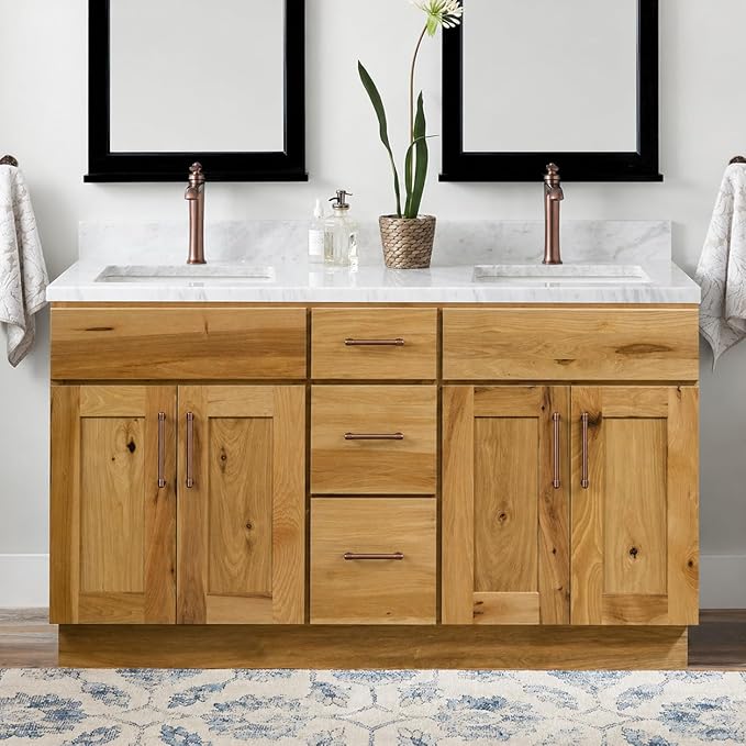 Riley & Higgs Hickory Double Sink Vanity, 60"Wx34.5"Hx21"D | Country rustic style with 4 doors and 3 drawers for ample storage in a 60-inch double-sink base