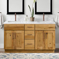 Riley & Higgs Hickory Double Sink Vanity, 60"Wx34.5"Hx21"D | Country rustic style with 4 doors and 3 drawers for ample storage in a 60-inch double-sink base