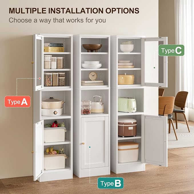 Bevivog Tall Bathroom Storage Cabinets, Slim Metal Cabinet with Open Shelf, Glass Display Door Freestanding Narrow Storage Organizers for Small Spaces, White Skinny Cabinets for Pantry, Living Room