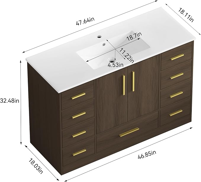LUMISOL 48 Inch Bathroom Vanity with Sink, Freestanding Bathroom Vanity with 9 Storage Drawers and 2 Soft-Closing Doors, Wood 48" Bathroom Vanities with Resin Sink, Dark Brown