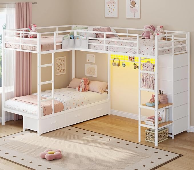 Triple Bunk Bed Twin Over Twin with 9 Storage Drawers and LED Lights, White