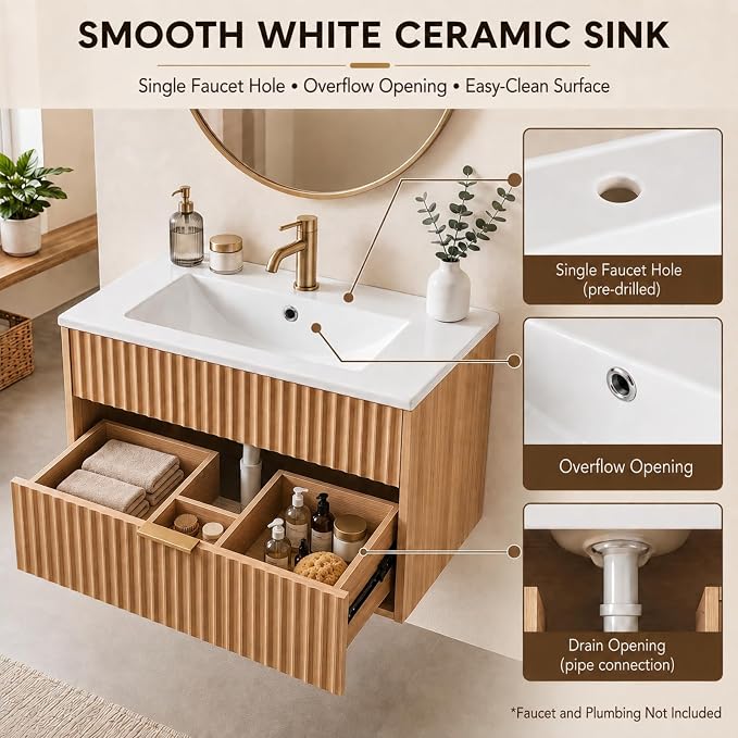 VINGLI 24 Inch Floating Bathroom Vanity with Sink, Wall-Mounted Natural Oak Cabinet with Fluted Drawer, Full-Extension Storage and Gold-Tone Handle