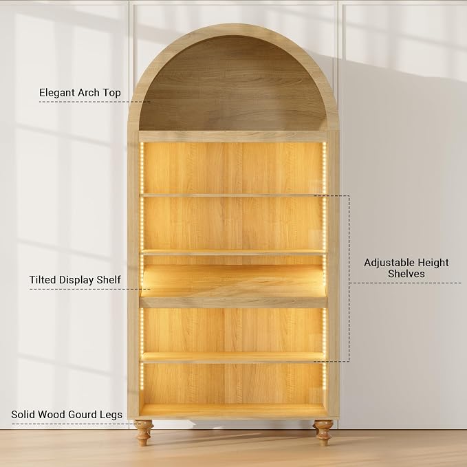 71" Tall Arch Bookcase, Modern Arched Storage Cabinet with Sensor LED Lights, 6-Tier Bookshelf with 2 Adjustable Shelves, Wood Display Cabinet for Living Room, Home Office (Natural Oak)