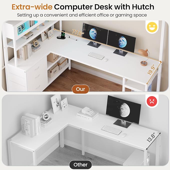 DICTAC Twin Loft Bed with L-Shaped Desk,Bookshelf and Glass Cabinet,Gaming Loft Bed Twin Size with Led Lights,Hutch and Charging Station,Metal Loft Beds for Teen with Safety Guardrail and Stair,White