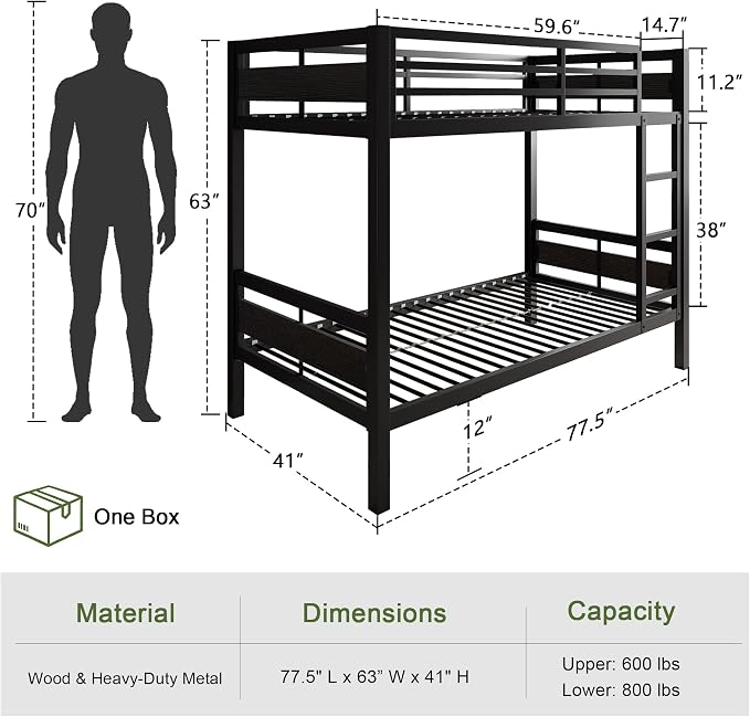 Feonase Metal Twin Over Twin Bunk Bed with Ladder and High Guardrail, Heavy-Duty Metal Slats Support, Noise Free, No Box Spring Needed, for Kids and Juniors, Black