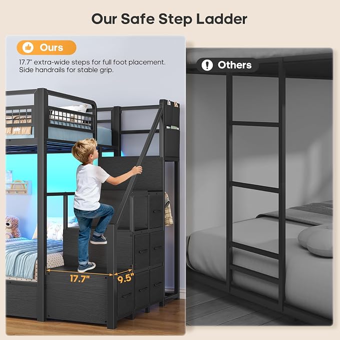 BTHFST Bunk Bed Twin Over Twin with Stairs, Storage Drawers and LED Lights
