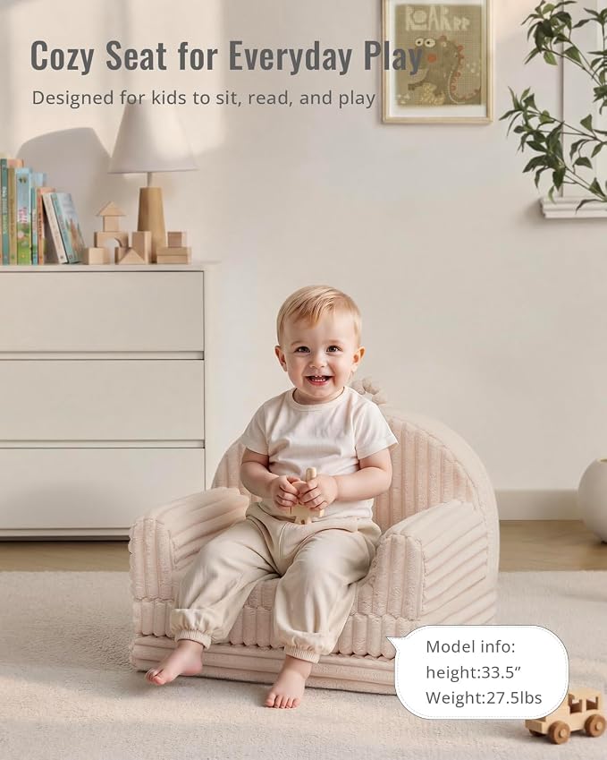 Blissful Diary Foldable Kids Couch, 2-in-1 Kids Sofa Chair, Cream White