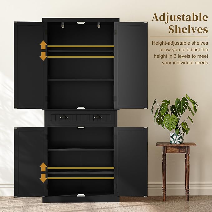 ARTPOWER 72" Tall Kitchen Pantry Storage Cabinet with Drawer and Adjustable Shelves, Pantry Cabinet for Kitchen, Bathroom or Hallway, Black