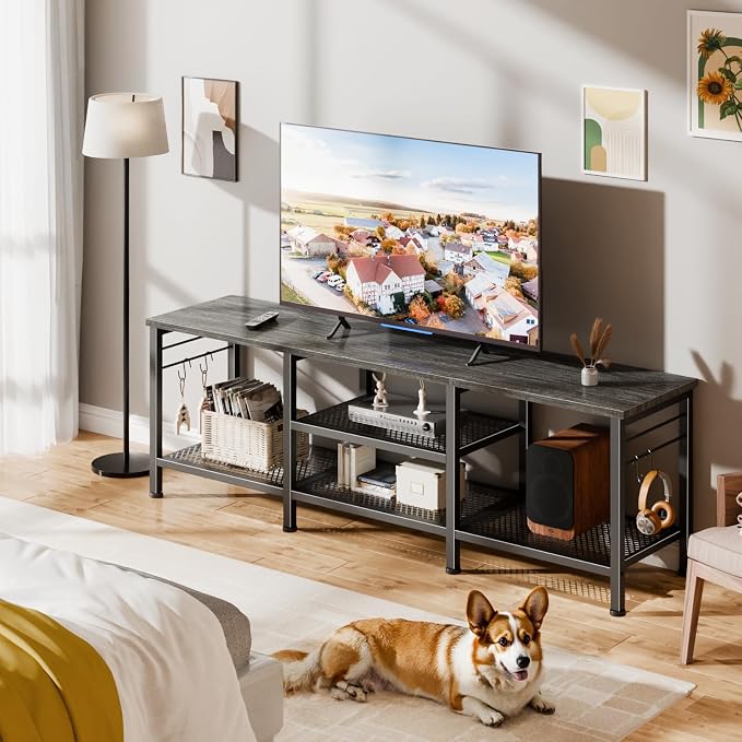 Furologee 55 Inch TV Stand, Entertainment Center with Shelves, Black Oak