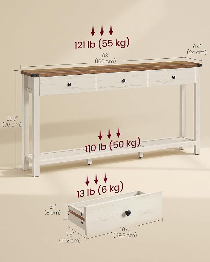 VASAGLE 63 Inche Narrow Console Table with 3 Drawers and Open Storage Shelf