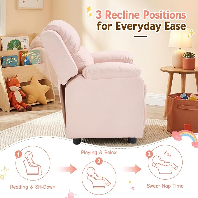 CANMOV Kids Push Back Recliner Chair, Pink Faux Leather Toddler Sofa.