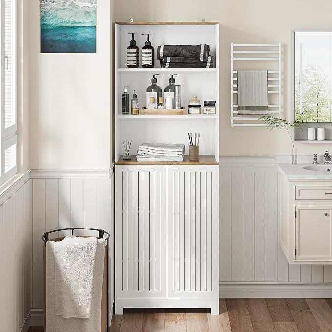 Bathroom Storage Cabinet - 67" Freestanding Tall Cabinet with Slatted Doors and Open Shelves, Adjustable Shelves, White Bathroom Organizer for Small Spaces, Bathroom Linen Tower with Closed Storage