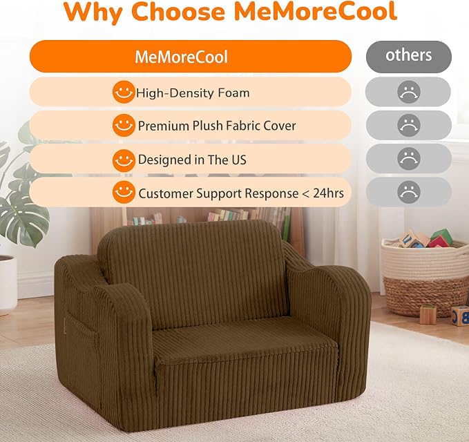 MeMoreCool Kids Sofa, 2-in-1 Corduroy Fold Out Recliner Chair, Brown