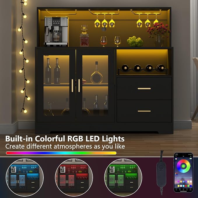 Bar Cabinet for Home with LED Light,Coffee Bar Cabinet w/ Wine & Glass Rack