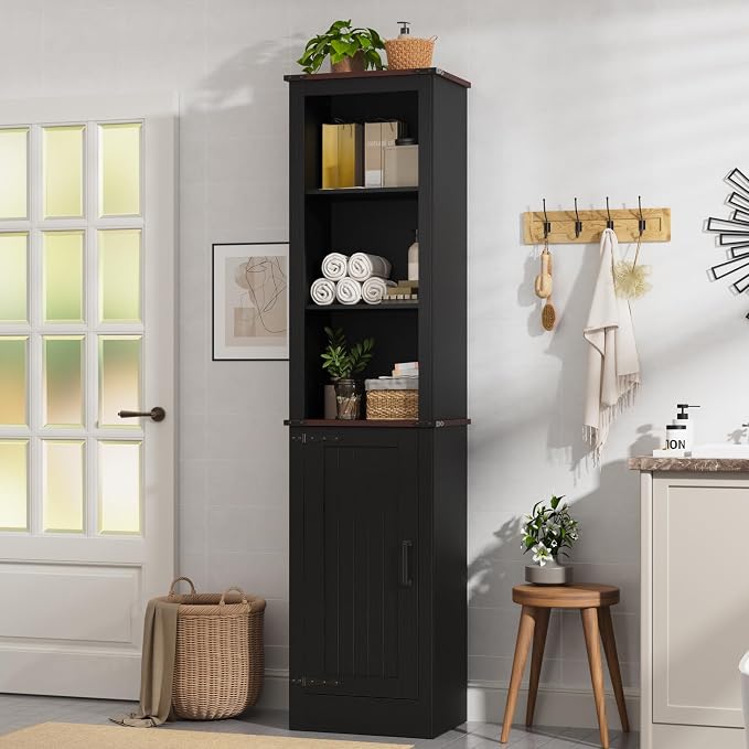 MHOM 71" Tall Bathroom Storage Cabinet. Farmhouse Storage Cabinet with Adjustable Shelves, Narrow Linen Tower Cabinet for Bathroom, Laundry, and, Living Room, Black
