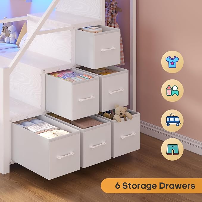 BTHFST Bunk Bed Twin Over Full with Stairs, Storage Drawers and LED Lights