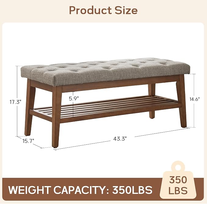 HUIMO Upholstered Entryway Shoe Bench, Button Tufted End of Bed Bench,Brown
