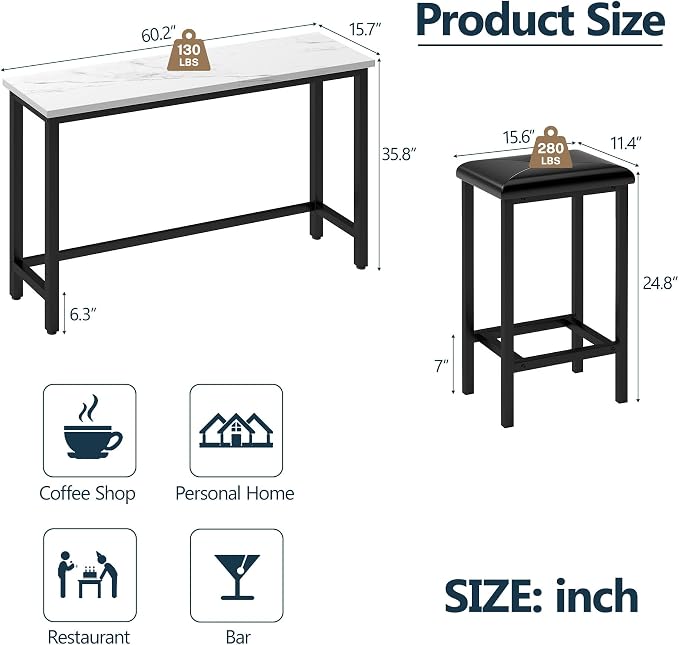 HUGROVE 4-Piece Bar Table and Chairs Set with 3 PU Upholstered Bar Stools, 60.2" Faux Marble Table Top, Modern Counter Height Table for Kitchen, Living Room, Party Room, Small Space, Pub (Black)