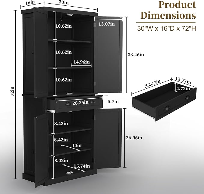 ARTPOWER 72" Tall Kitchen Pantry Storage Cabinet with Drawer and Adjustable Shelves, Pantry Cabinet for Kitchen, Bathroom or Hallway, Black